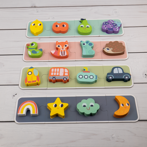 3D-Memory mit Holzfiguren und Tasche